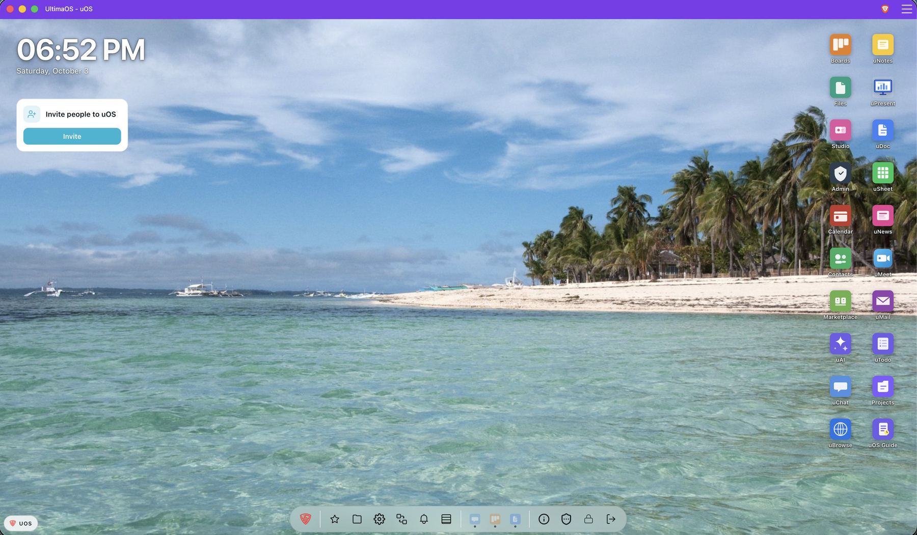 The uOS desktop in a browser: a beach wallpaper, a clock, an invitation card, two columns of app icons and the system bar at the bottom